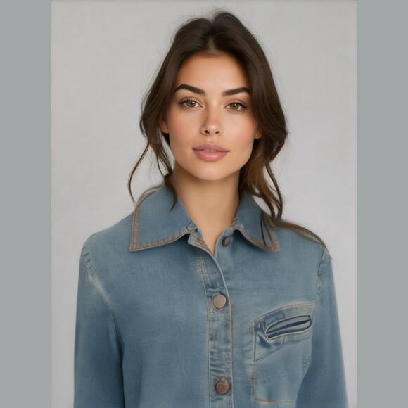 Company Ellen Tracy Blue Medium Wash Denim Classic Fitted Stretch Jean Jacket 8 - Picture 1 of 12